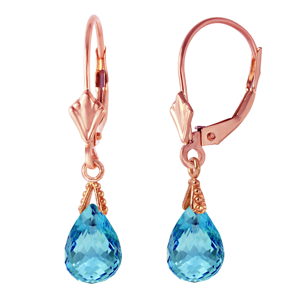 14K. GOLD LEVERBACK EARRING WITH BRIOLETTE BLUE TOPAZ (Rose Gold)